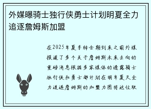 外媒曝骑士独行侠勇士计划明夏全力追逐詹姆斯加盟